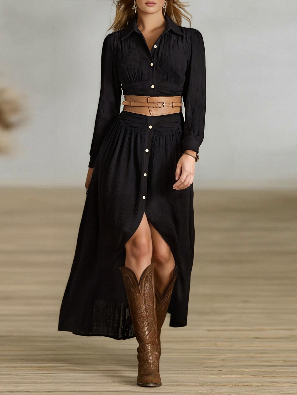 Modesees Pleated Lapel Single Breasted Long Sleeve Button Maxi Dress Small Black